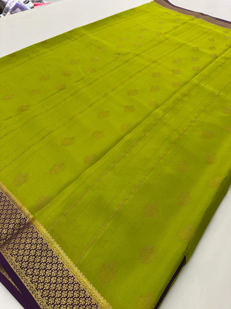 Olive Mustard x Navy Purple 120 GSM Mysore Crepe Silk Saree - AU8