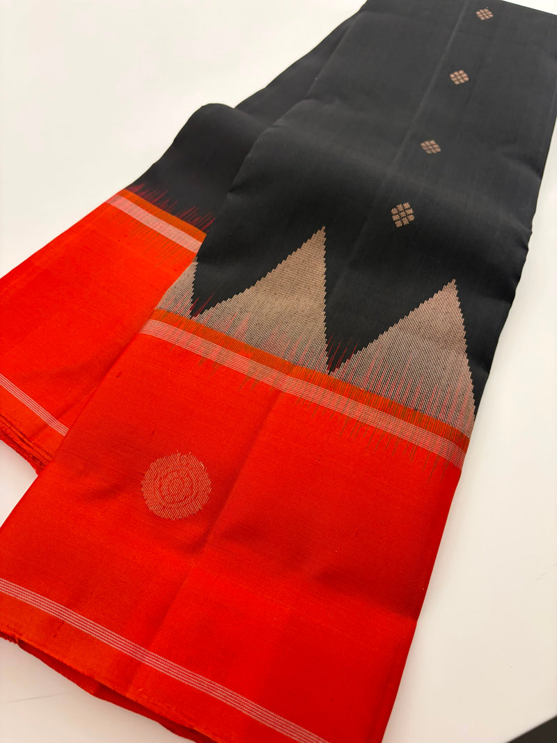 Pure Kanjeevaram Silk Saree Black X Orange