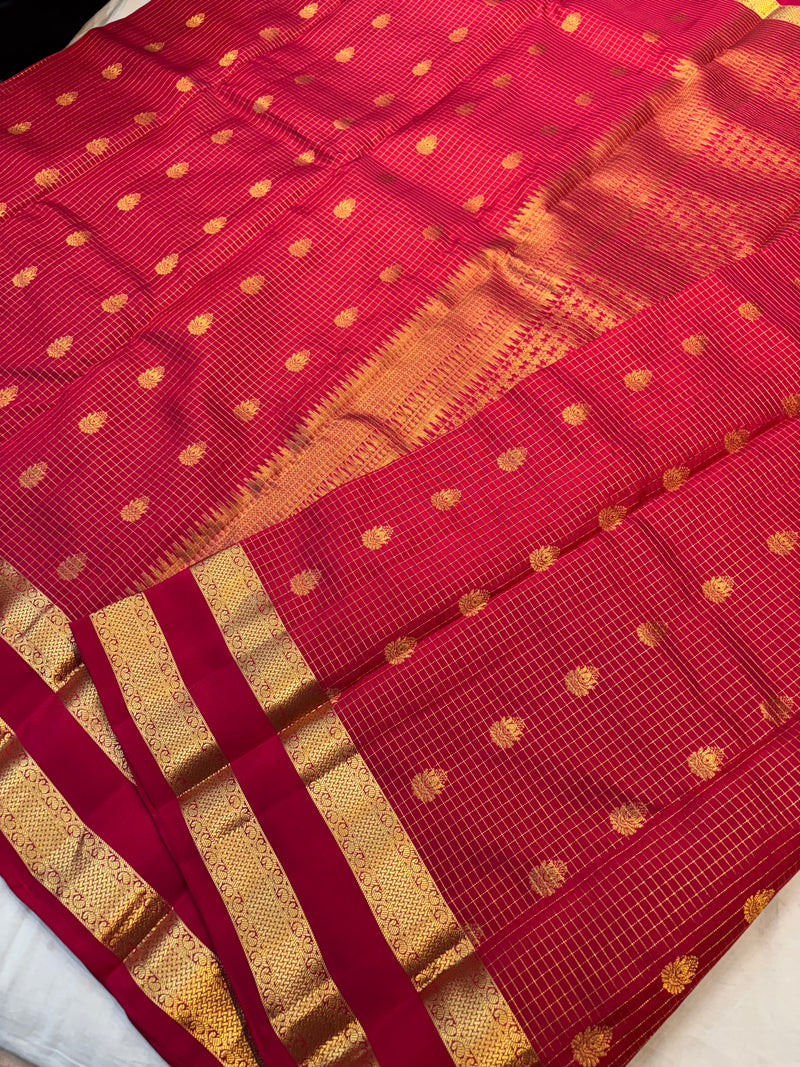 RANI PINK GOLD JARI MICRO CHECKS AND SMALL BUTTIES WITH BENTEX BORDER PUREMIX KANCHI SILK SAREE