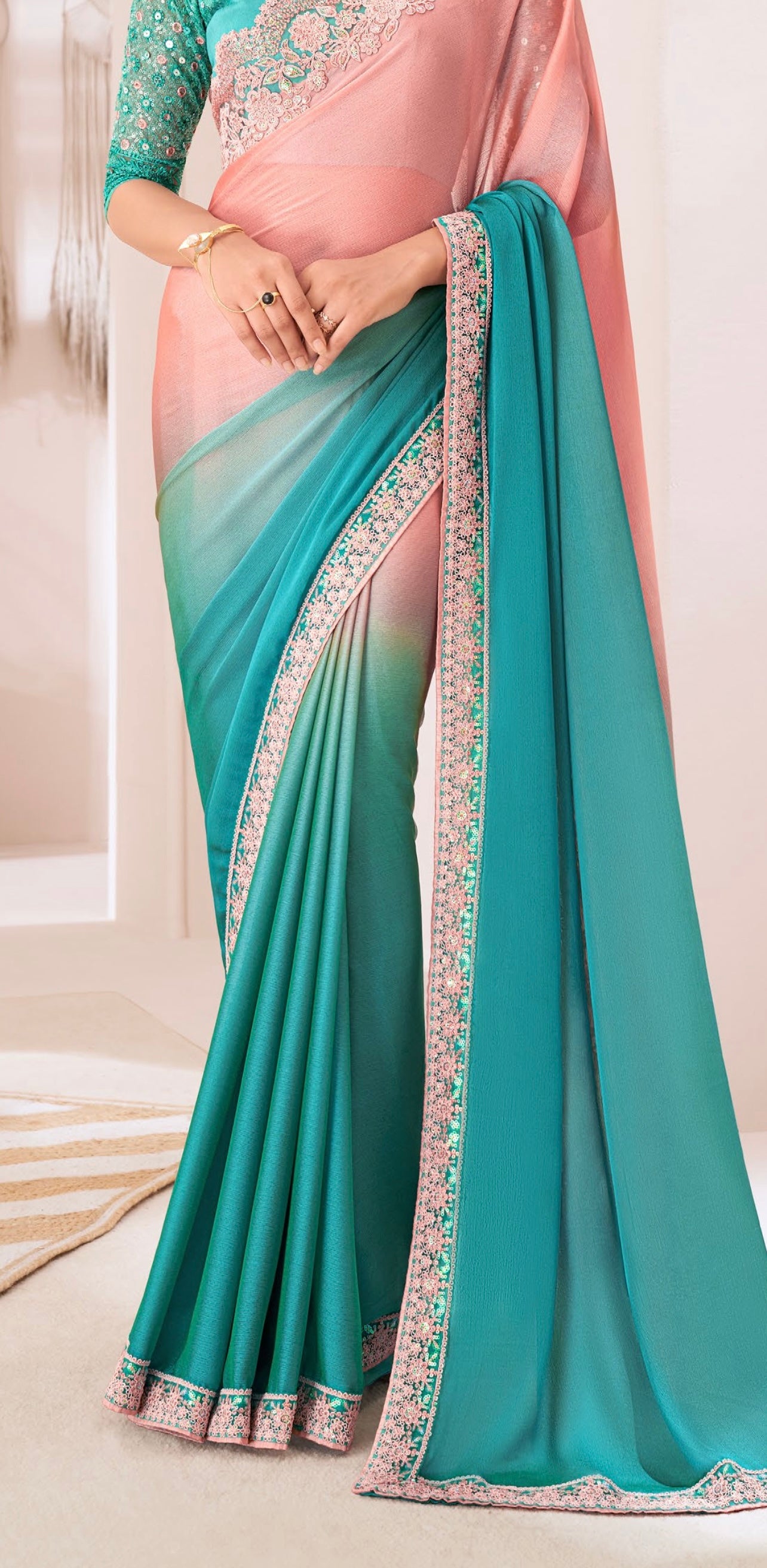 Turquoise  & Baby Pink Chiffon Georgette Designer Party Wear Saree-TFH SW 1311