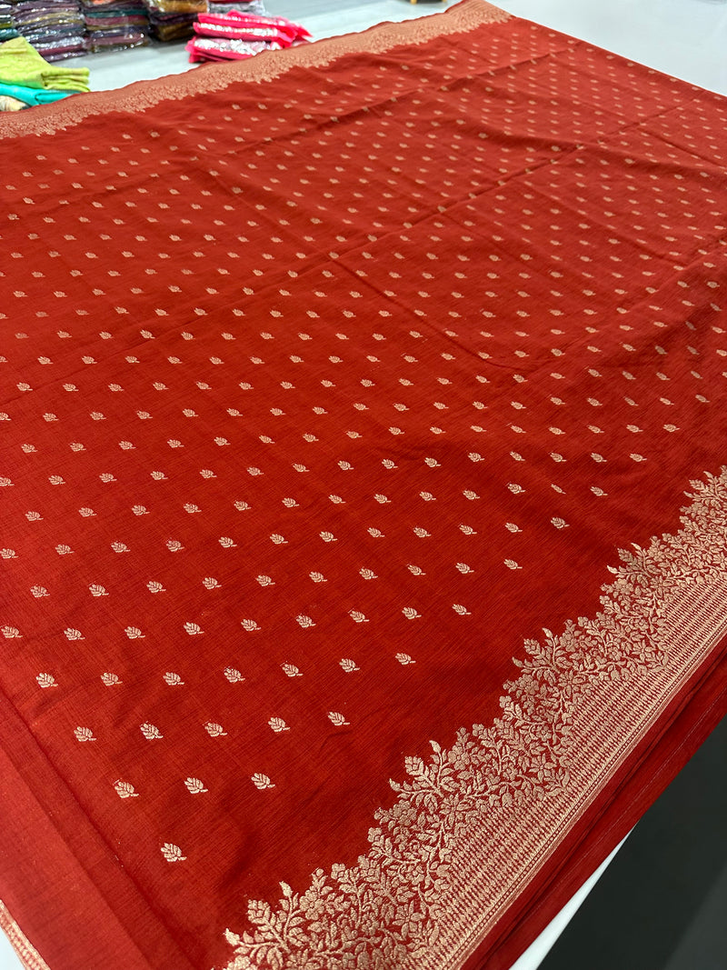 Venkatagiri fancy soft Linen Cotton sarees with self blouse and fancy Border and Butties all over 🌹-AU9