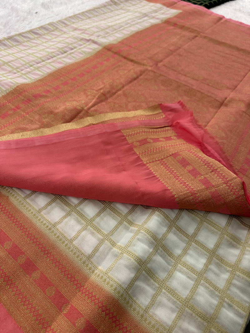 Premium Georgette Sarees In Checks Zari and Small Border with Contrast Blouse Piece 🌹-JU18