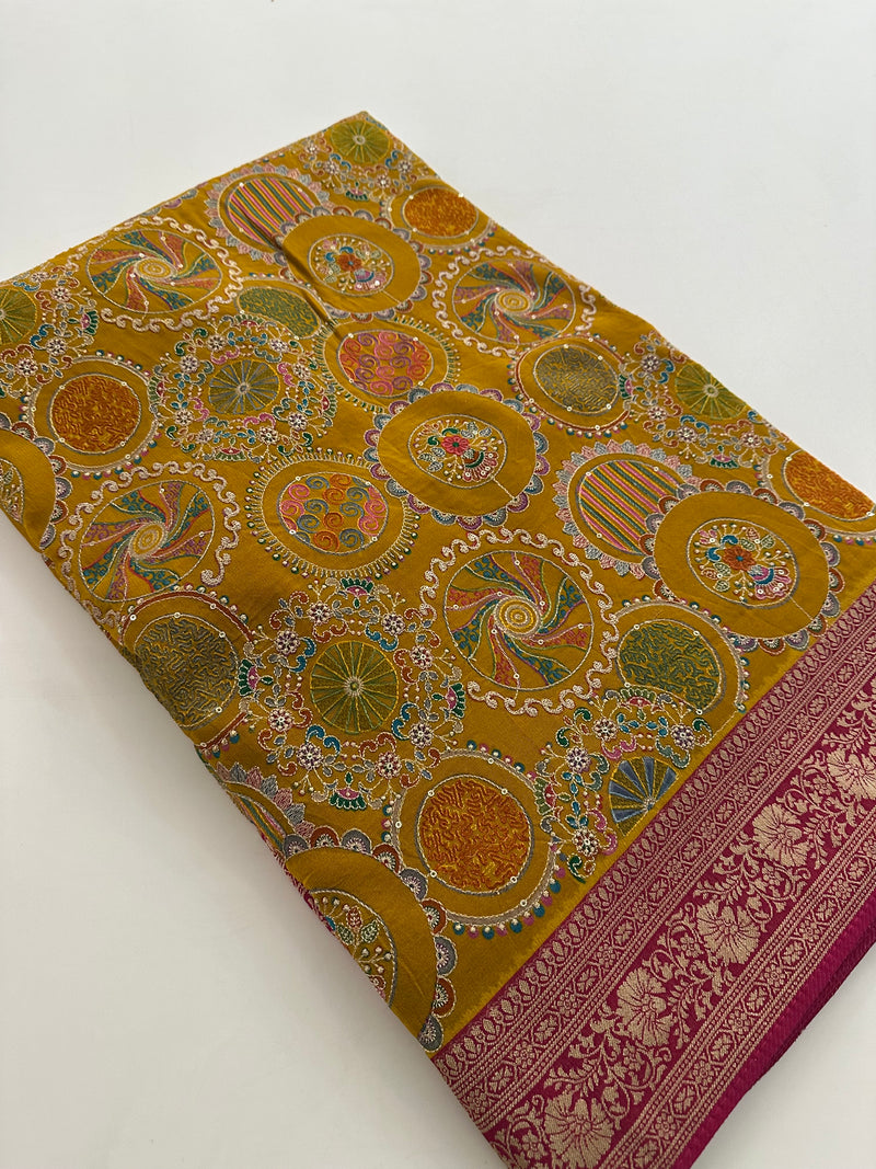 Pashmina silk sari with aari work round designs all over and contrast pink blouse🌹-AU6