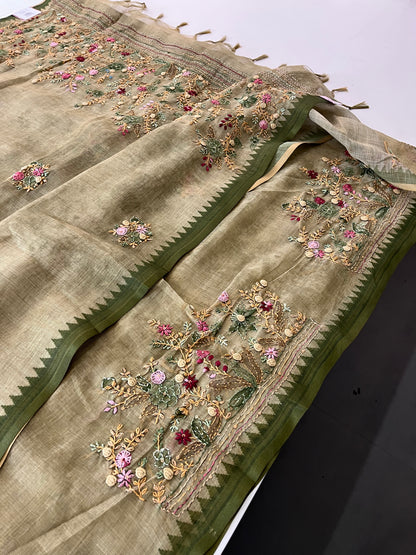 Designer linen  saree full embroidery