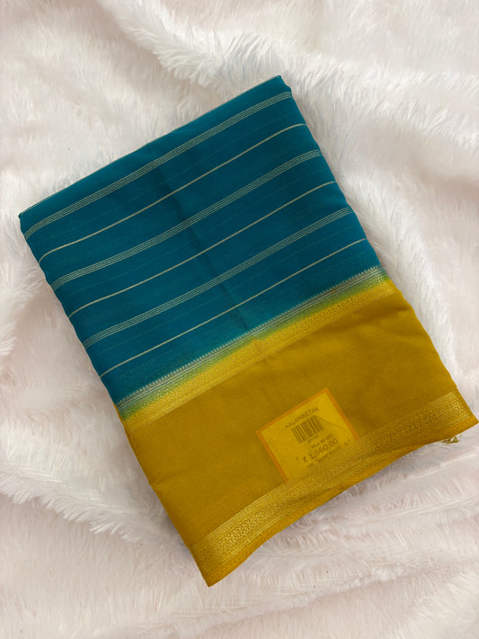 Blue X Yellow Striped Soft Semi Mysore Silk Saree-J111