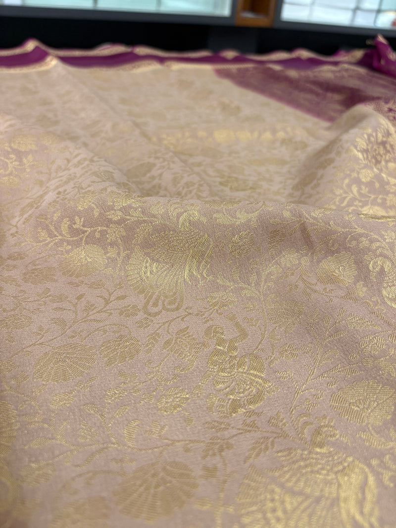 Floral Crepe Silk Saree - Beige & Wine (CR21)