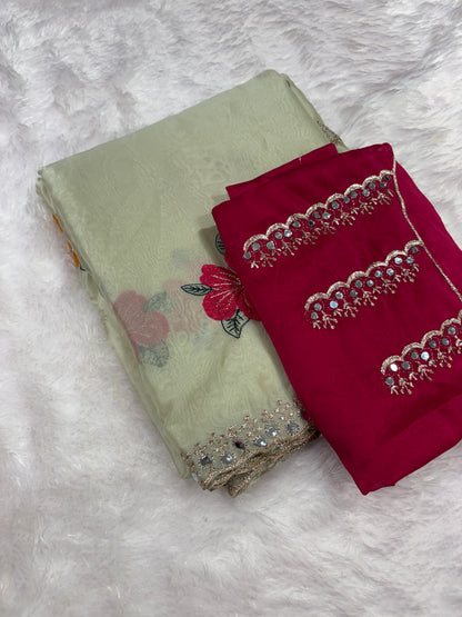Gold X Rani Pink Glass work organza sarees-1401