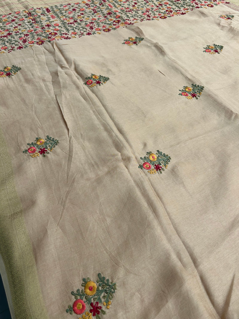 Katha And Jari Border Embroidery Sarees,, Fabric-Crepe Tussar,, Katha Style Blouse Piece🌹-JU30