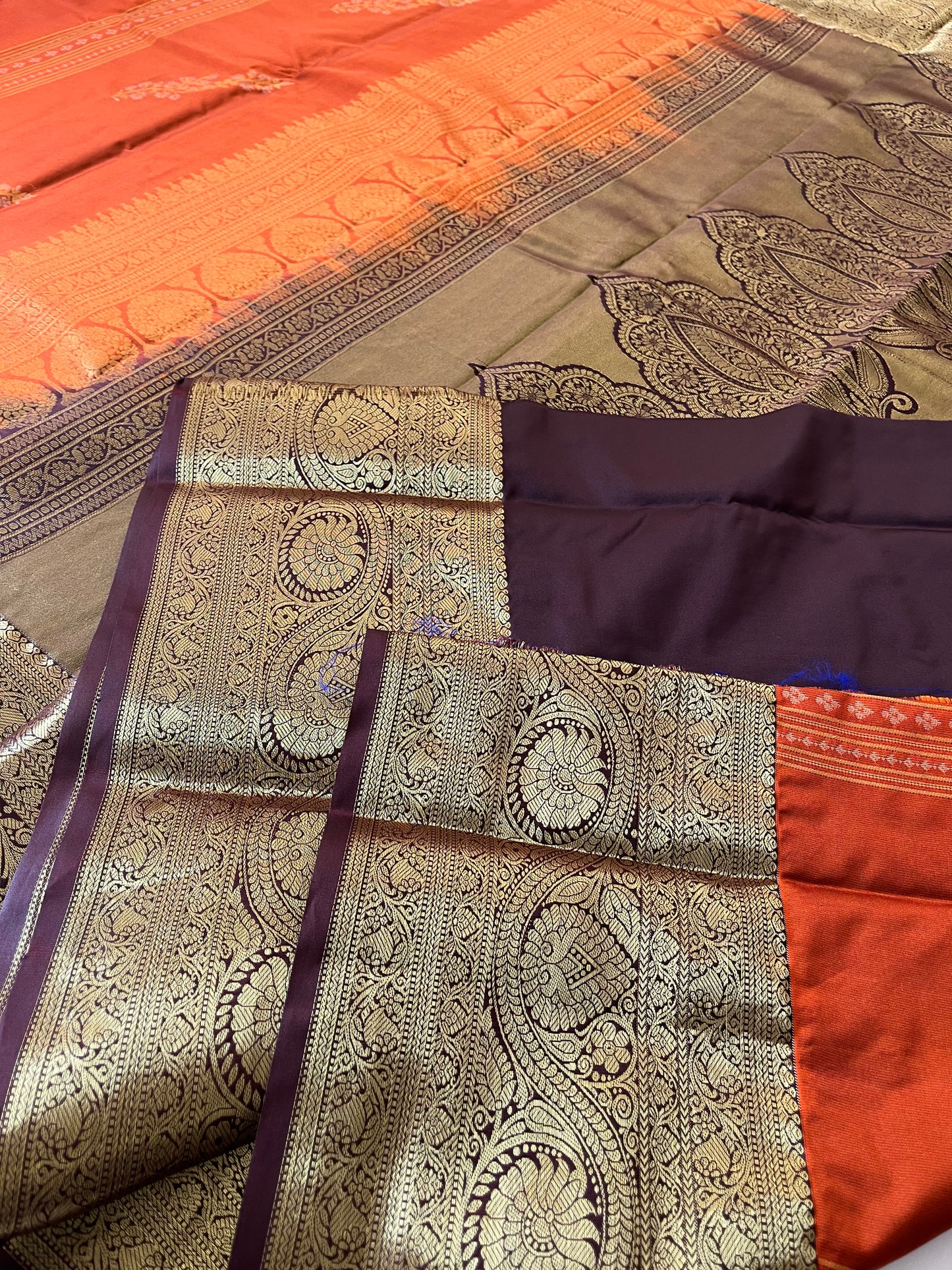Rust orange x deep wine semi Pattu saree