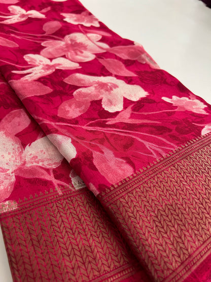 Cherry Pink floral chiffon saree-BS101