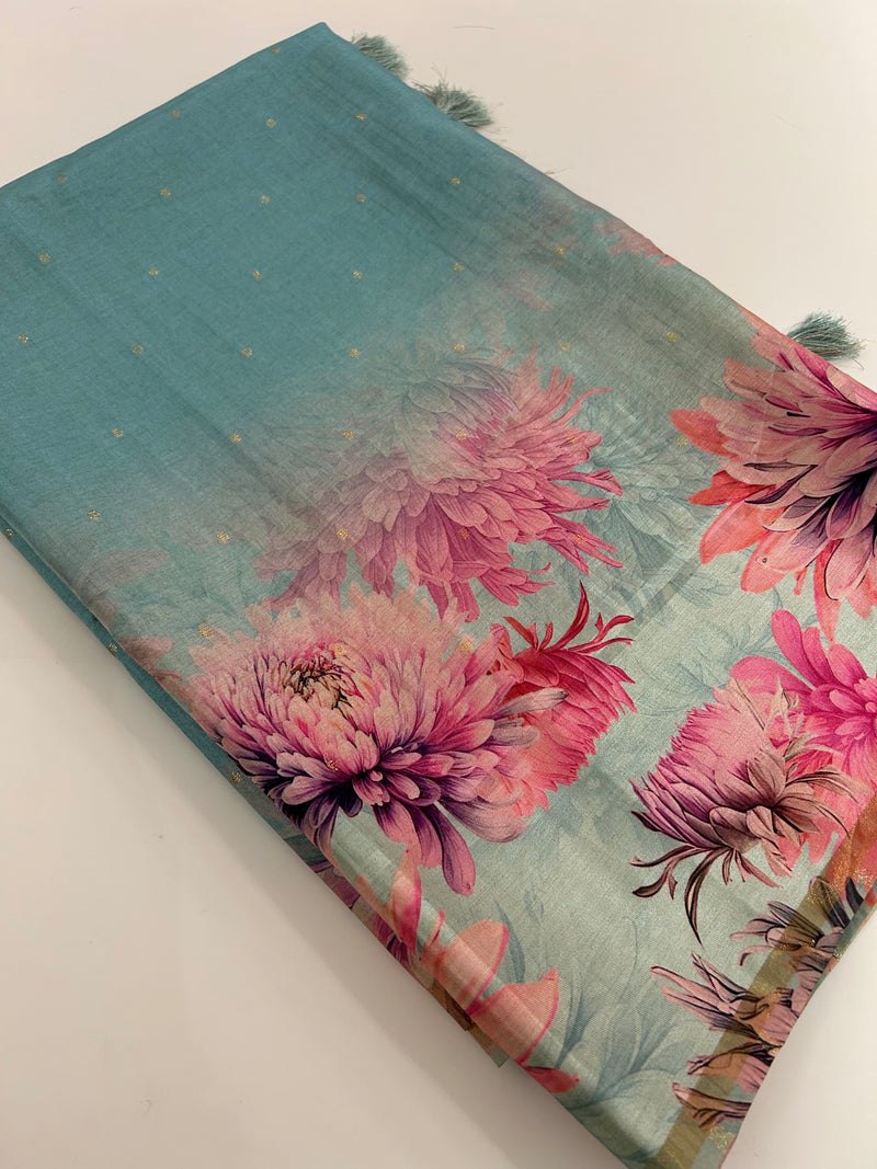 Digital floral Printed Tussar Saree,, contrast butti blouses🌹/- AU12