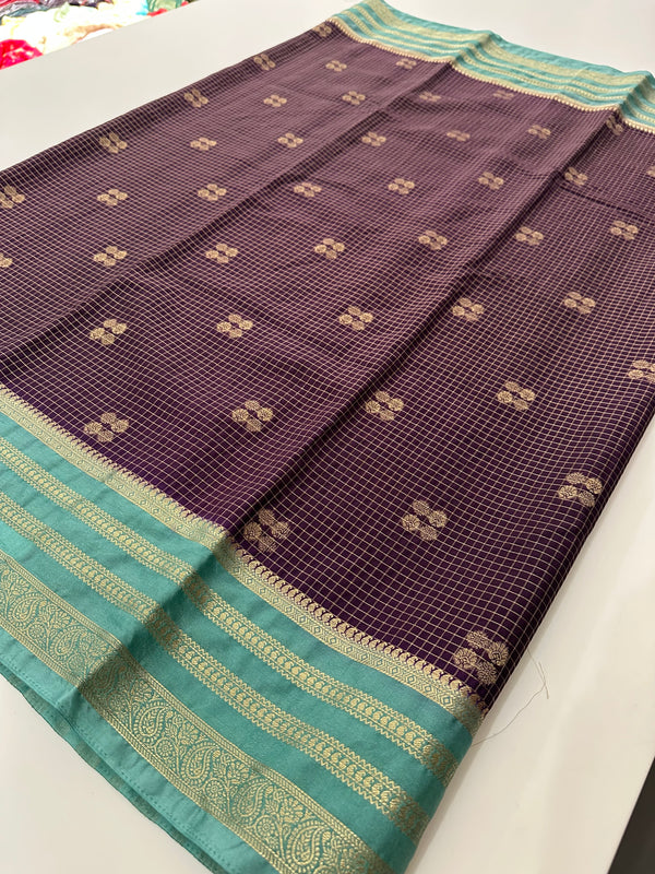 Semi Mysore Silk Checks Saree with Butta - Purple x Pastel Blue AU16-1