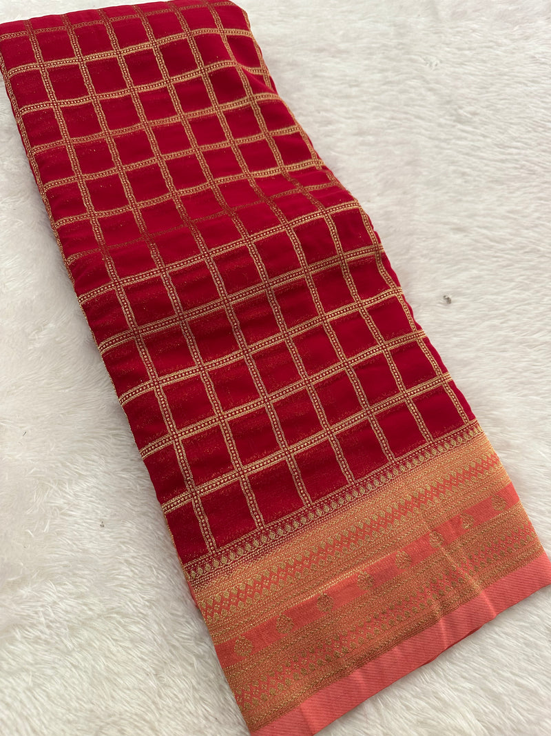 Premium Georgette Sarees In Checks Zari and Small Border with Contrast Blouse Piece 🌹-JU18