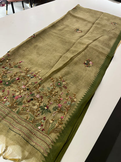 Linen Embroidery Fancy Saree