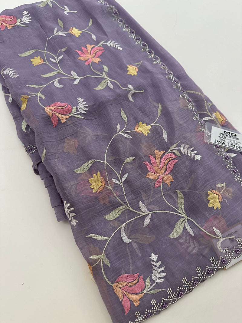 Soft Organza Full Work Sarees in 2 new Colors  Pista and Lavender Shades🌹 Comes with embroidery buttas all over 🌹JU27