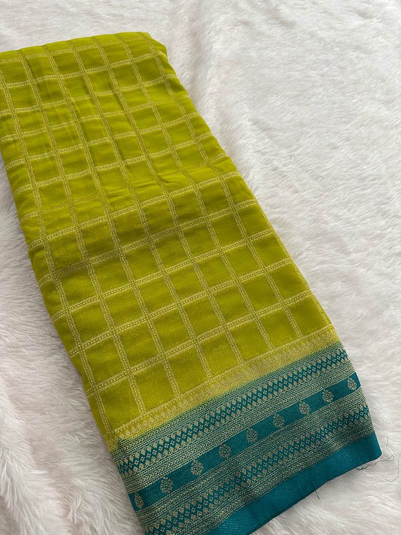 Premium Georgette Sarees In Checks Zari and Small Border with Contrast Blouse Piece 🌹-JU18