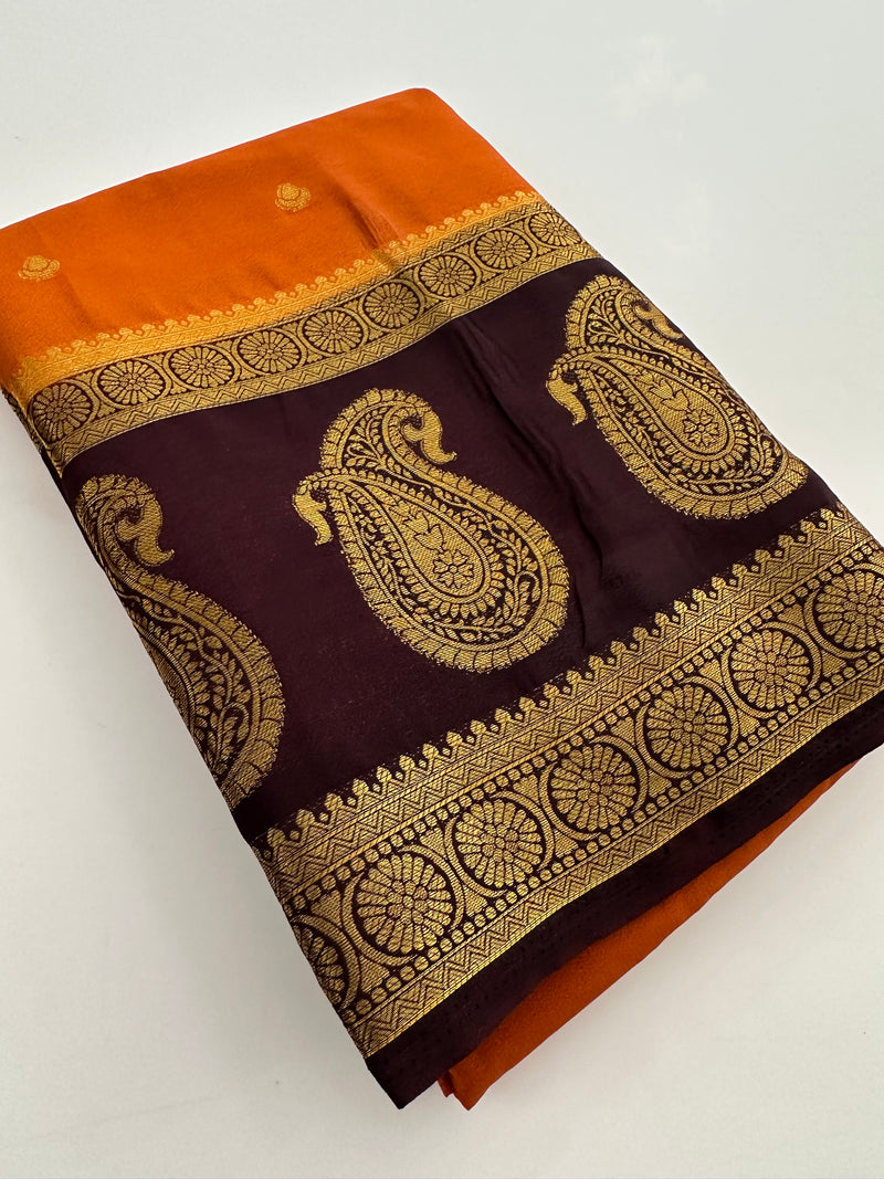 Vintage Semi Crepe Silk Saree with contrast butti blouse and mango border-Au15