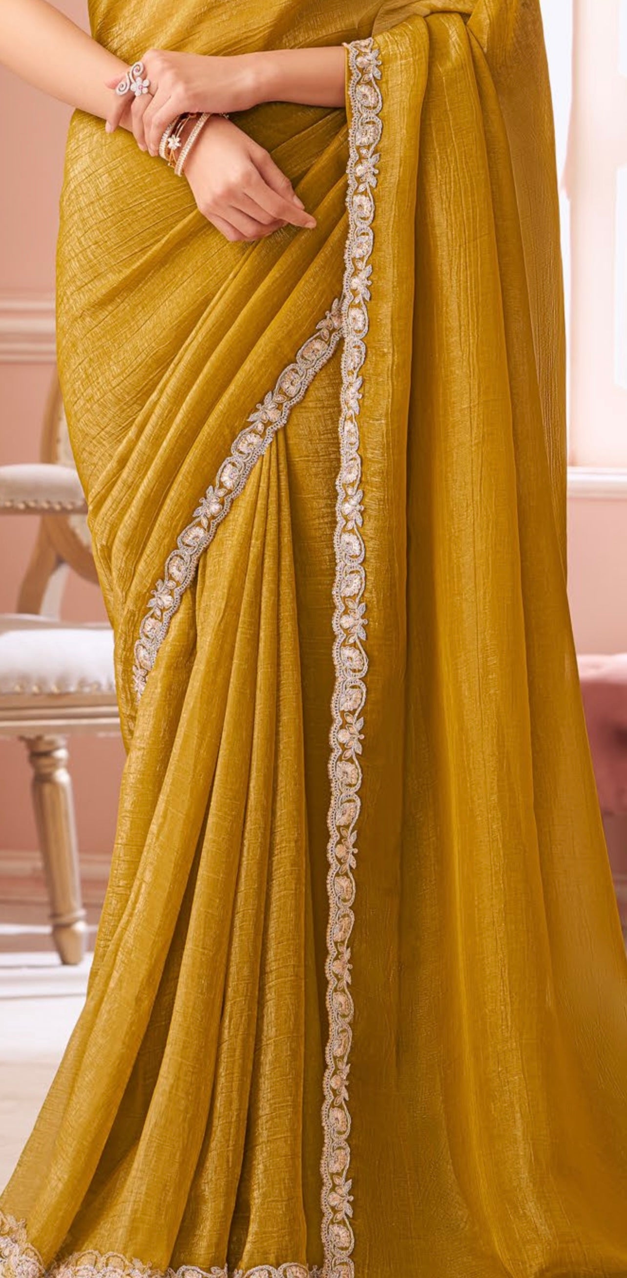 Mustard Yellow Chiffon Georgette Designer Party Wear Saree-TFH SLS 8002