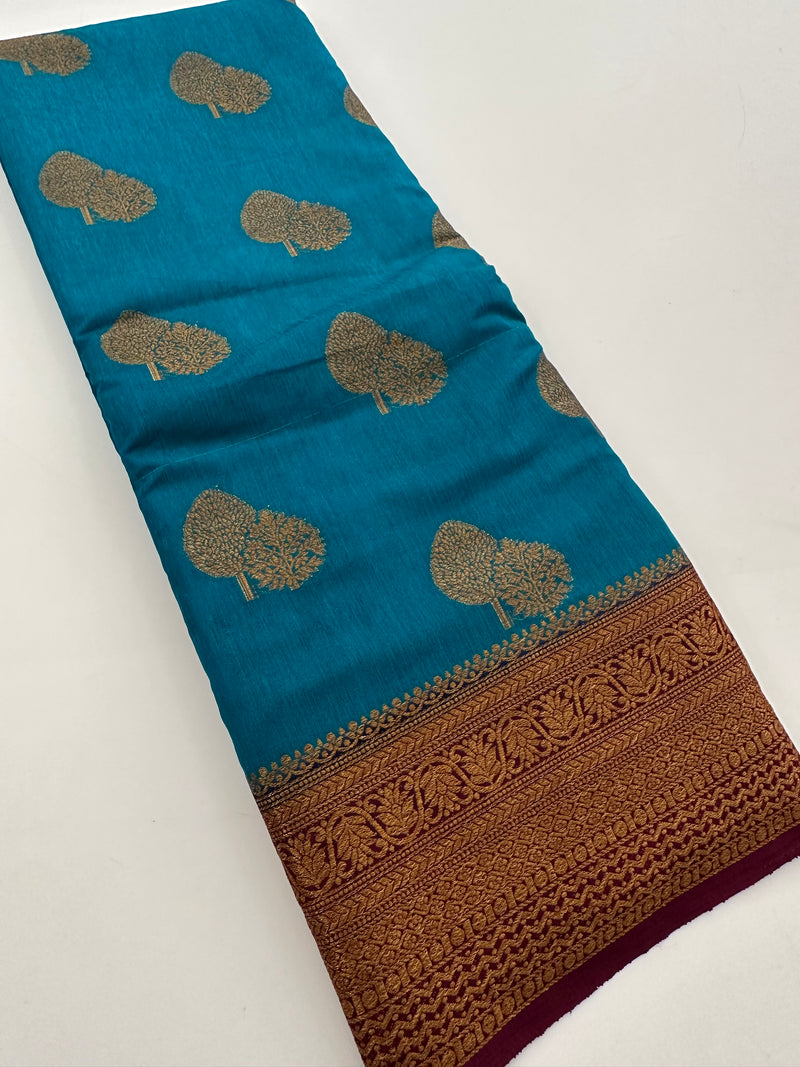 Blue x Purple Tussar Cotton Saree with Double Leaf Butta All Over JU24