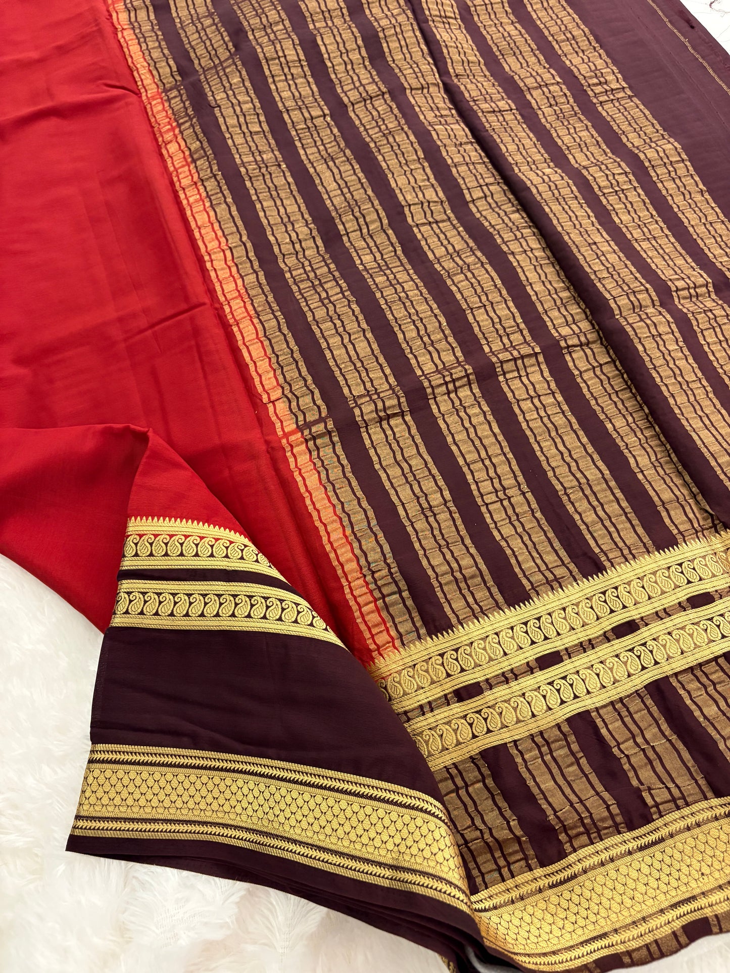 Rust X Dark Brown Bentex Border Semi Mysore Silk Saree-J118