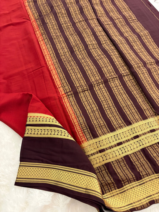 Rust X Dark Brown Bentex Border Semi Mysore Silk Saree-J118
