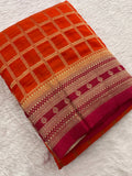 Premium Georgette Sarees In Checks Zari and Small Border with Contrast Blouse Piece 🌹-JU18