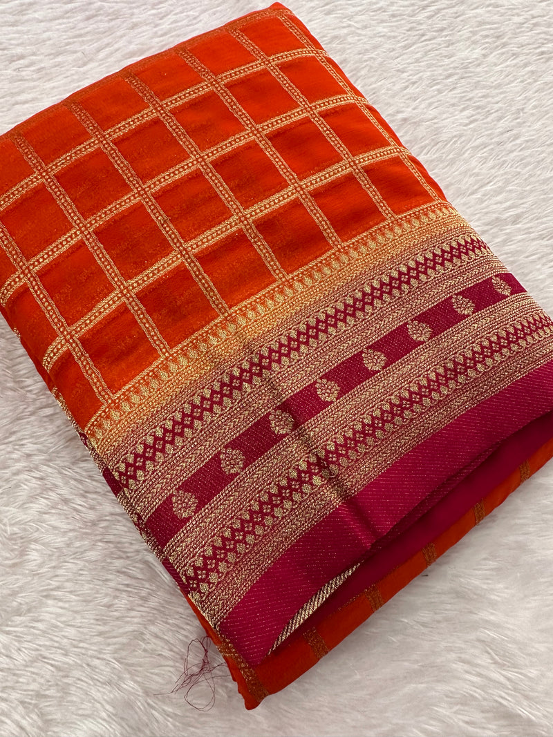 Premium Georgette Sarees In Checks Zari and Small Border with Contrast Blouse Piece 🌹-JU18