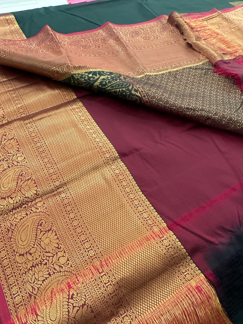 Bottle Green Semi Kanjeevaram Silk Saree - AU12