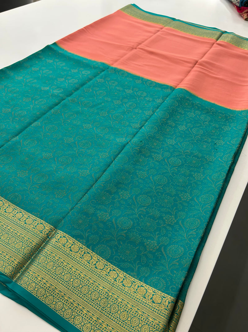 Pure 120GSM Mysore Crape Silk Sarees🌹 Silk Mark Certified 🦋
Comes in Golden Zari in Half Brocade Half Plaim Concept🌹-JU31