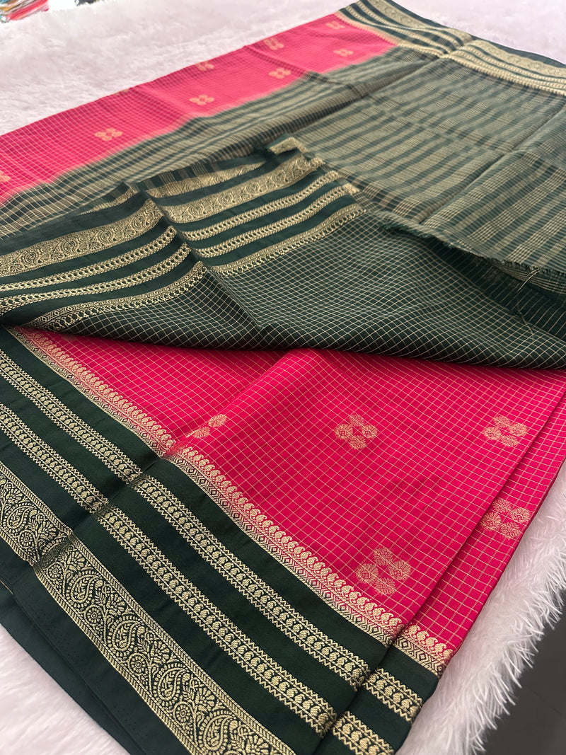 Semi Crepe Checks Saree - Pink x Green AU25