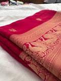 Rani pink crepe banaras saree with peacock buttas and big rich border,, comes with fancy self blouse,, beautiful feel fall fabric🌹 🌹-AU3