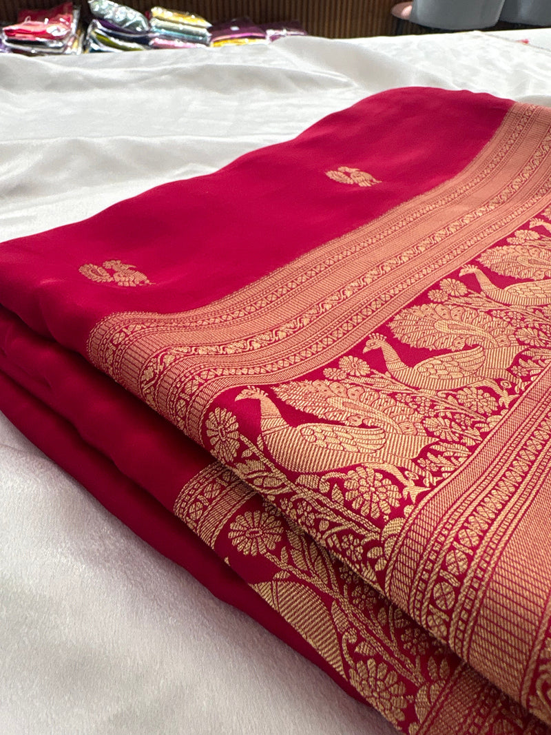 Rani pink crepe banaras saree with peacock buttas and big rich border,, comes with fancy self blouse,, beautiful feel fall fabric🌹 🌹-AU3