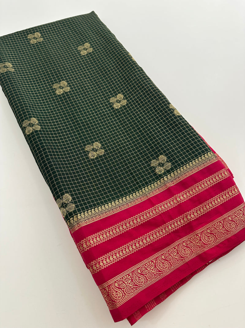 Semi Mysore Silk Checks Saree with Butta-AU16