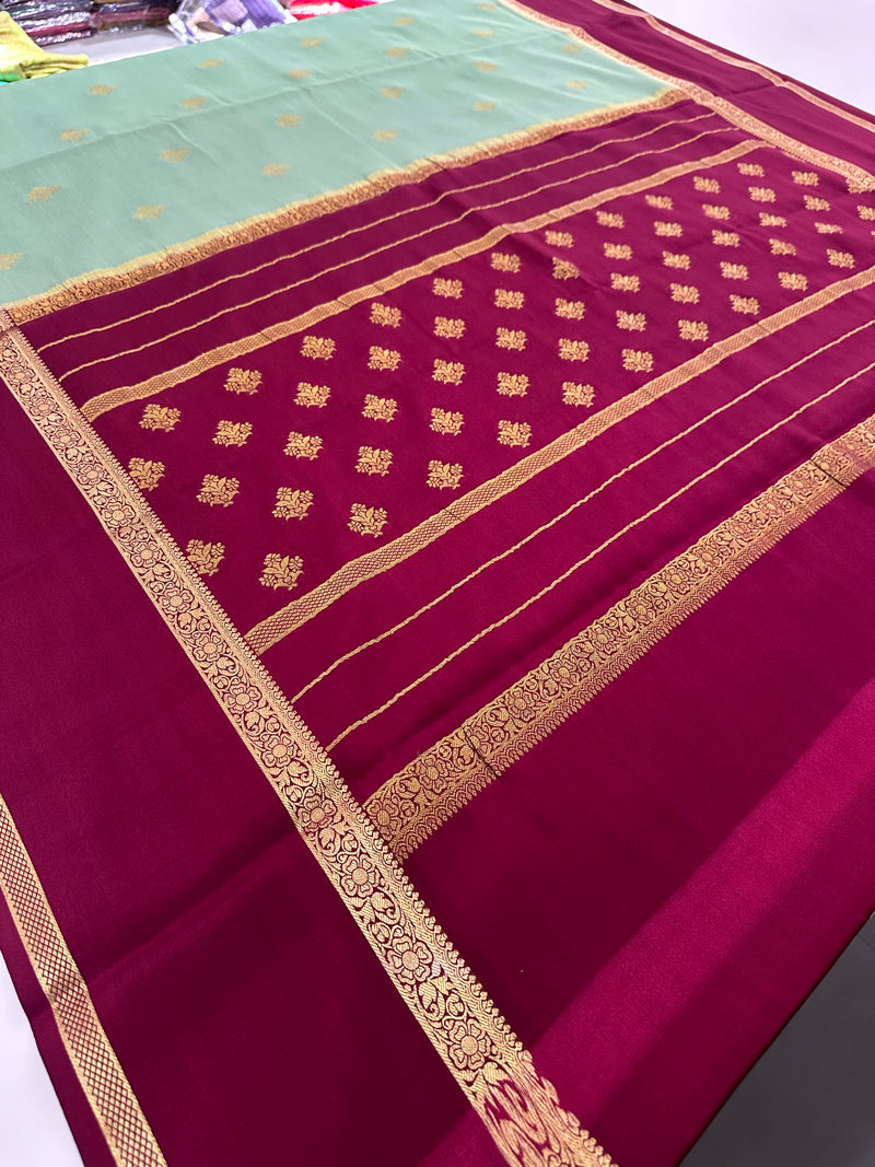 Pista Green x Maroon 120 GSM Mysore Crepe Silk Saree - AU8