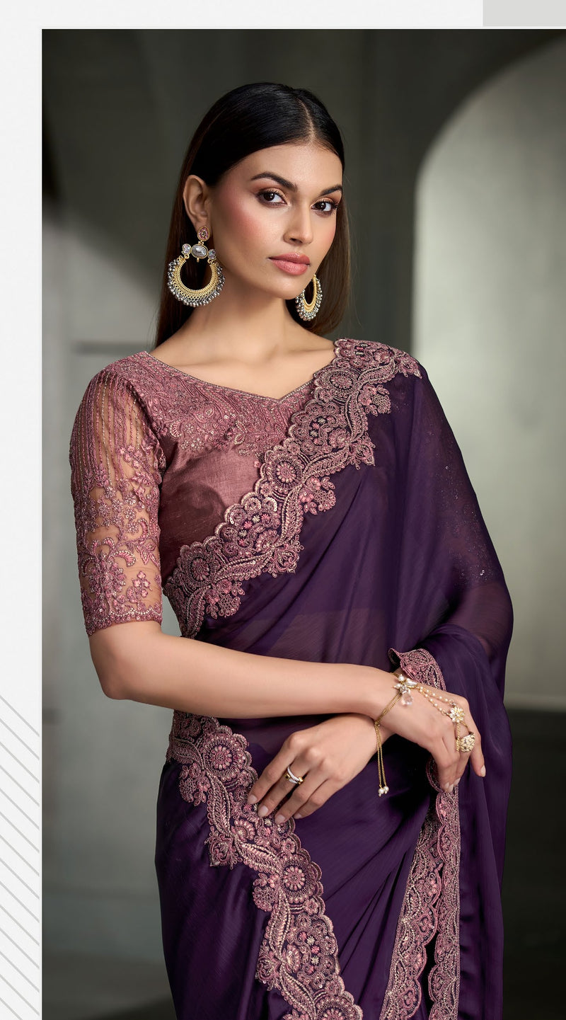 SW-1703 — PURPLE SARTIN SILK CHIFFON SAREE & BANGLORE WORK BLOUSE
