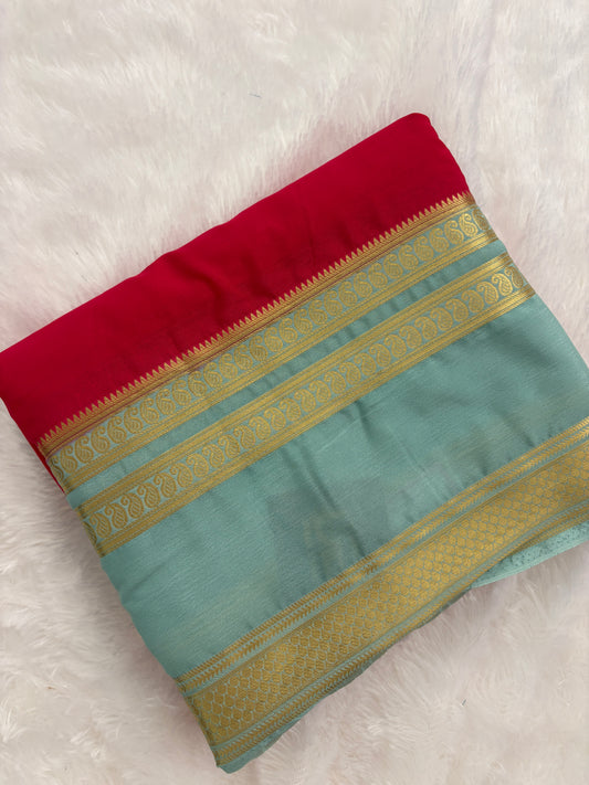 Pink X Blue Bentex Border Semi Mysore Silk Saree-J110