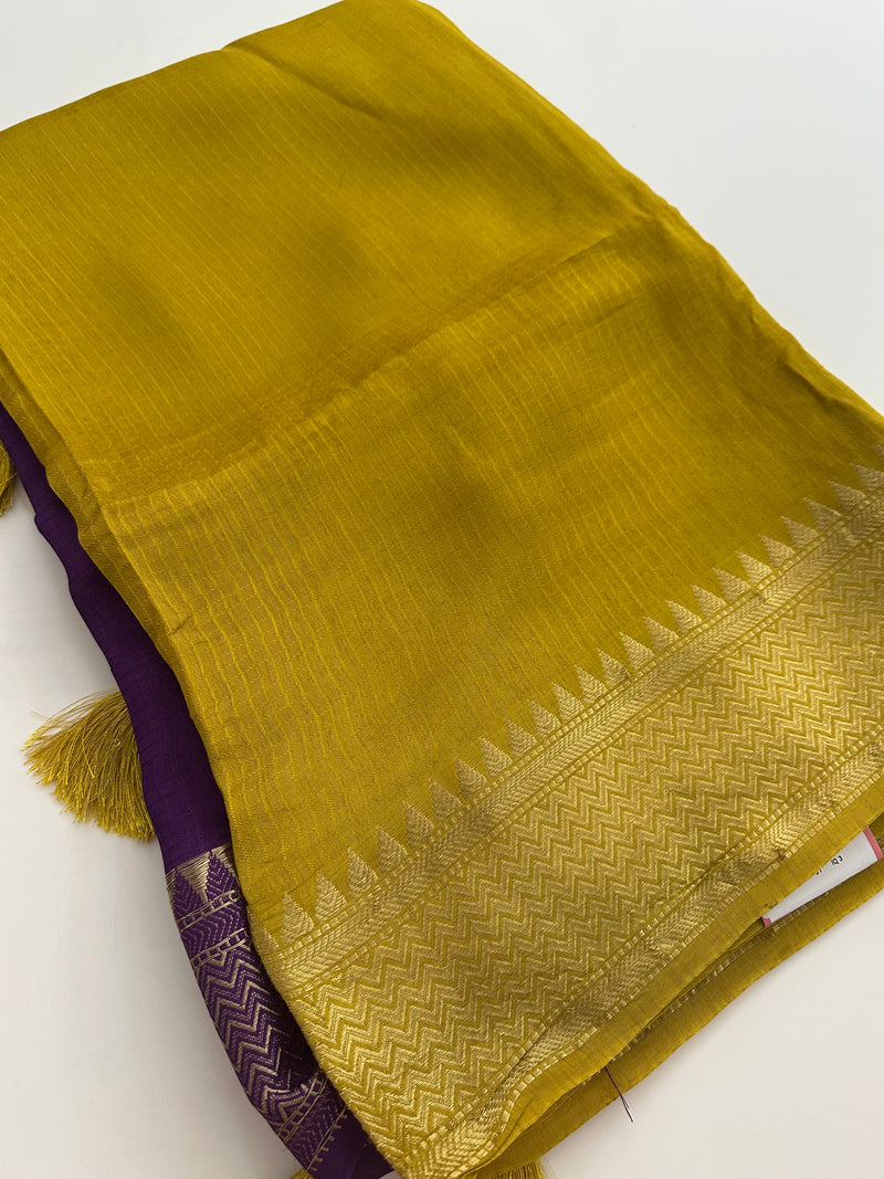Designer Soft Tussar Silk Fabric saree with small temple design border,, comes with contrast blouse piece with border..🌹-AU1