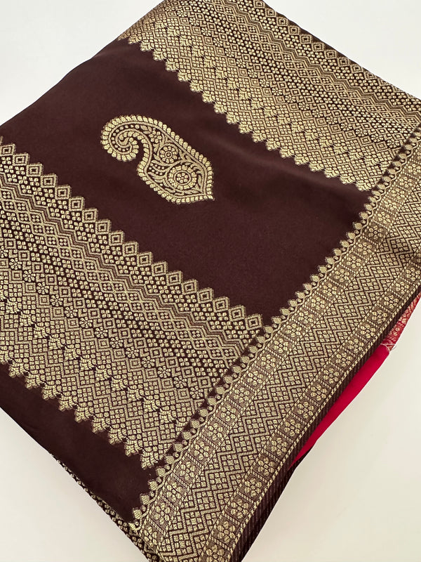 Brown x Pink Tussar Designer Saree with Mango Butta All Over JU25