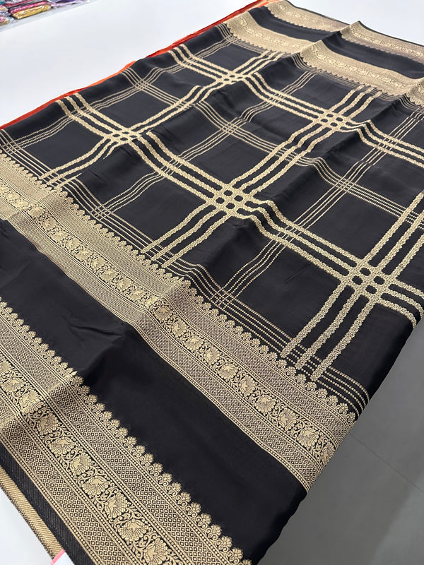 Black Premium Striped Semi Mysore Silk Saree with Contrast Blouse - AU9