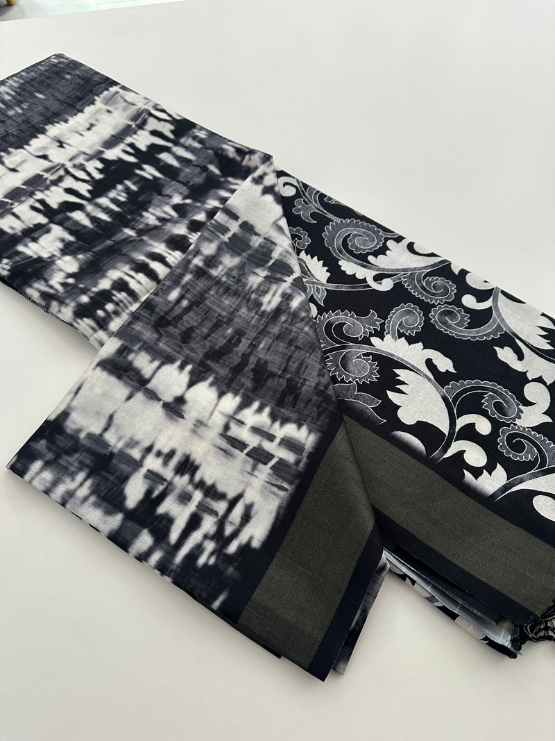 Black and White Tussar Printed Saree- JU28