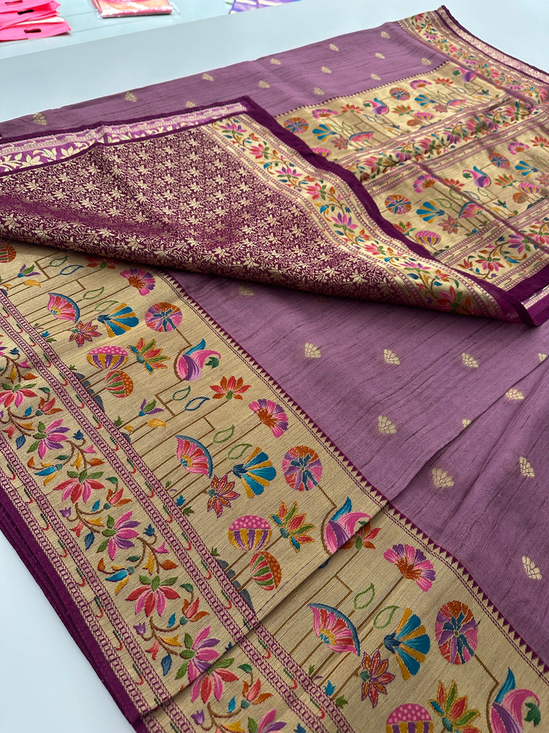 Light Pink Pure Tussar Paithani Designer Saree - AU12