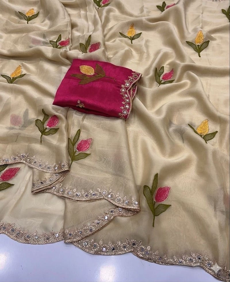 Soft Rangoli silk saree with embroidery work all over saree and beautiful  flower  design and real  mirror work with cut work border    Blouse - beautiful contract rangoli silk blouse with embroidery work