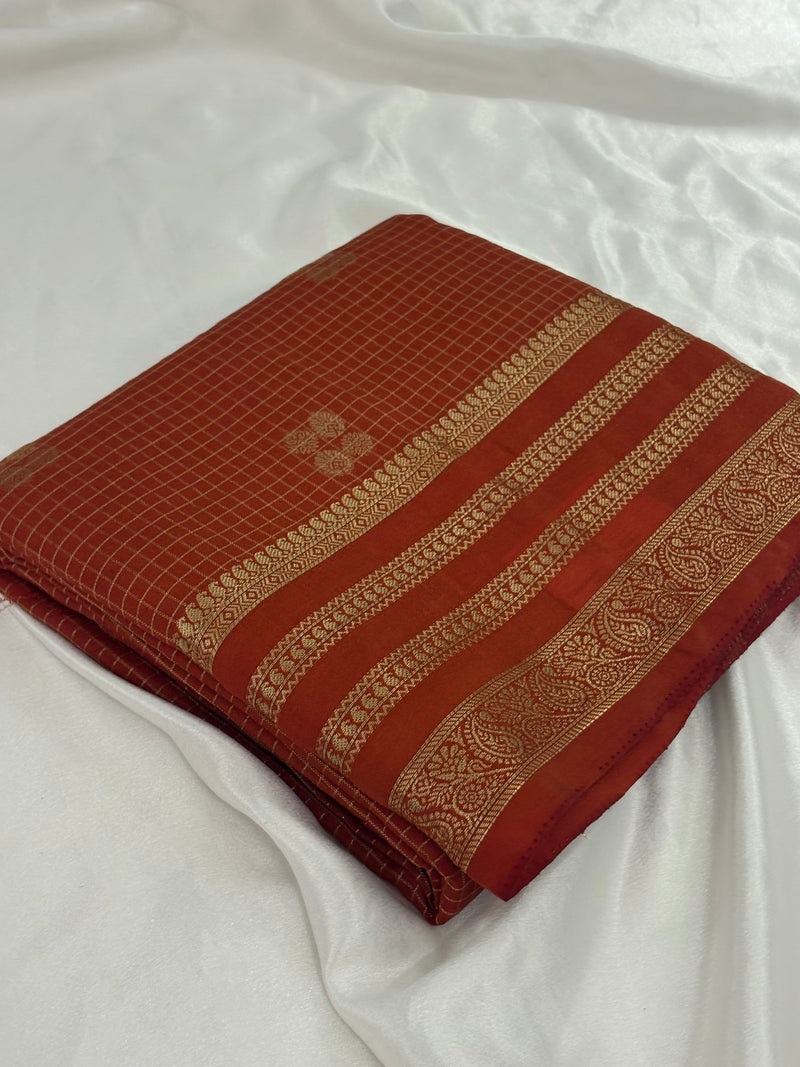 Rust Semi Mysore Silk Checks Saree with Butta - AU13