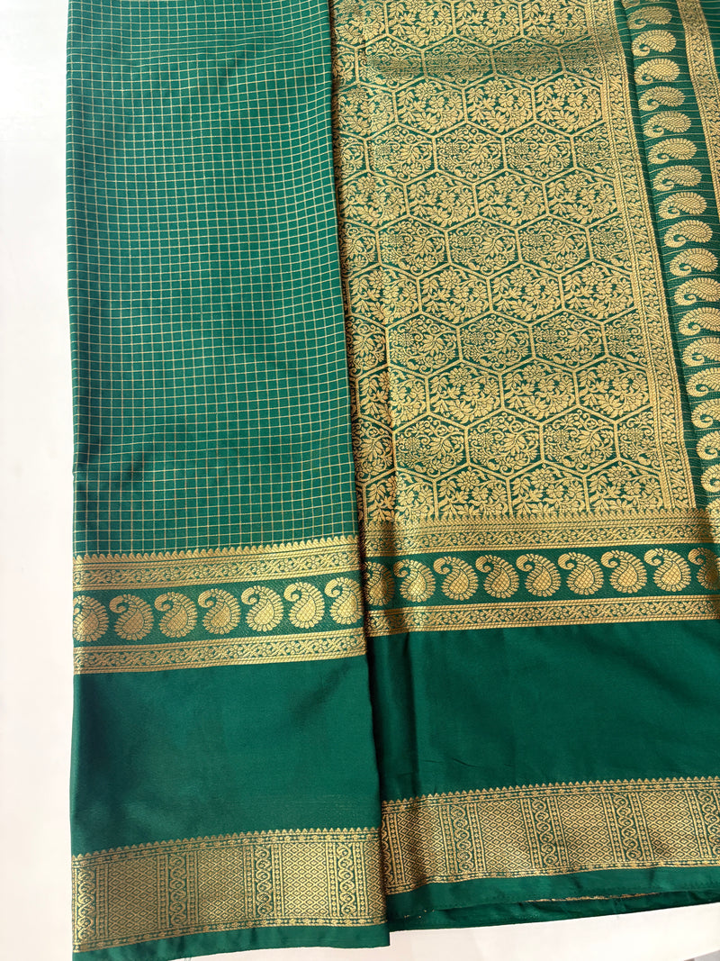 BENTEX BORDER SELF CHEX SEMI CREPE SILK SAREE-GREEN
