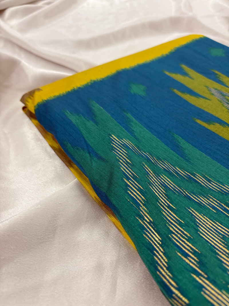 Yellow Blue Soft Pochampally Printed Saree SALE