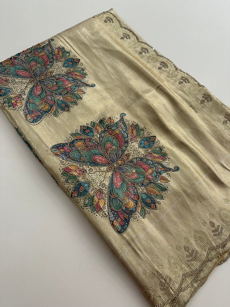 🌹Gold Banarsi Soft Tissue Silk Saree on Stone work Pallu and scallop border 🌹 JU27