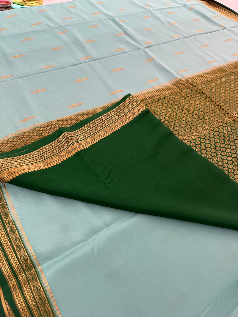 Turquoise x Bottle Green 120 GSM Mysore Crepe Silk Saree - AU8