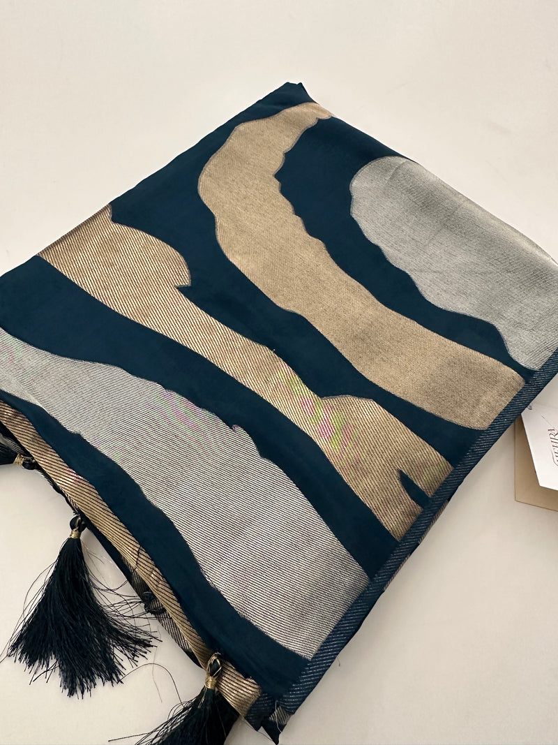 Peacock Blue Designer Chinnon Silk Saree – Zigzag Design AU24