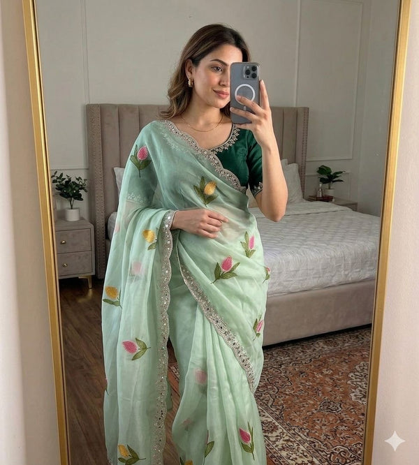 Soft Rangoli silk saree with embroidery work all over saree and beautiful  flower  design and real  mirror work with cut work border    Blouse - beautiful contract rangoli silk blouse with embroidery work