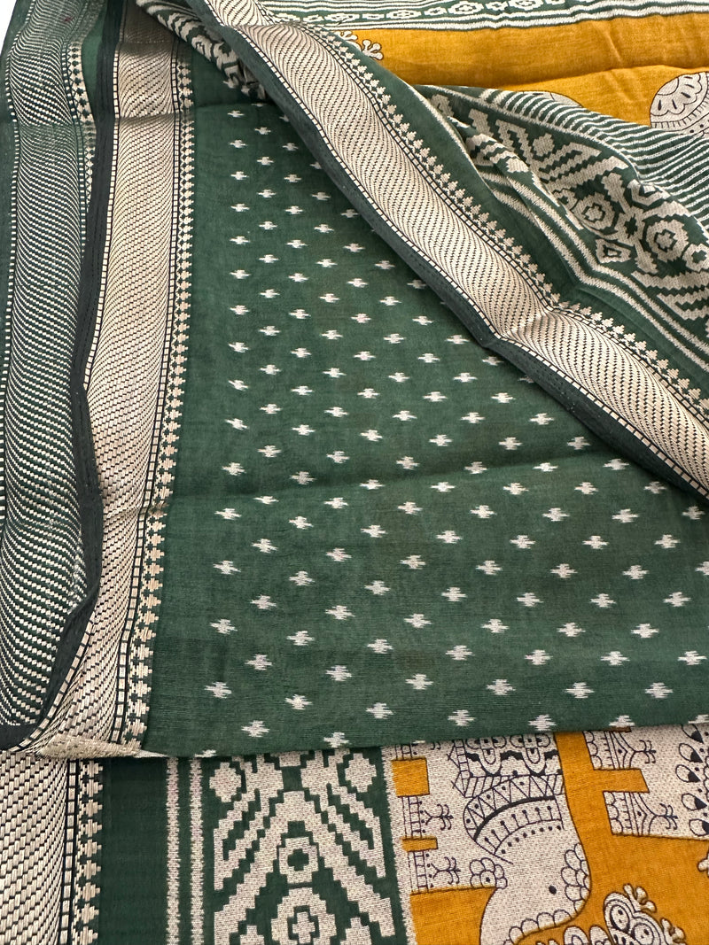 Yellow X Green Soft Printed Kalamkari Chanderi Saree